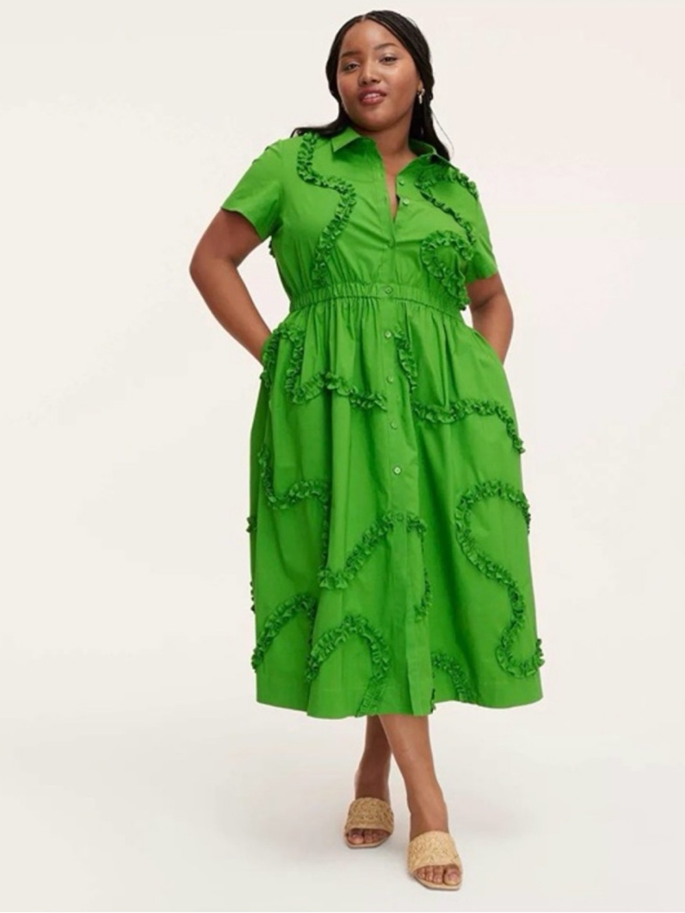 kate spade Bright Green Ruffle-Trim Midi Shirt Dress